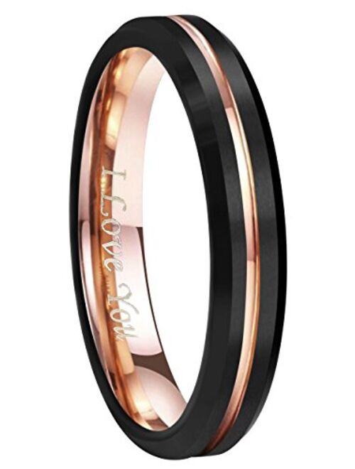 CROWNAL 4mm 6mm 8mm 10mm Blue/Rose Gold Groove Black Matte Finish Tungsten Carbide Wedding Band Ring Engraved I Love You Size 4 to 17