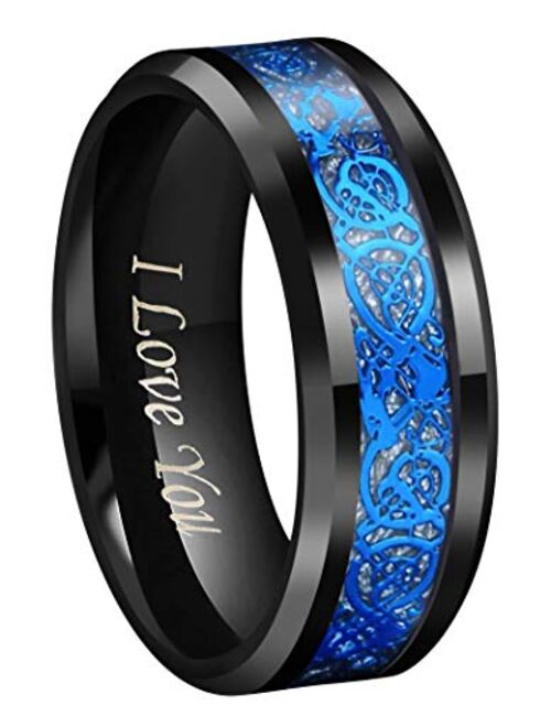 CROWNAL 4mm 6mm 8mm 10mm Blue/Rose Gold Groove Black Matte Finish Tungsten Carbide Wedding Band Ring Engraved I Love You Size 4 to 17