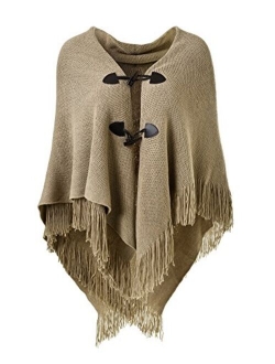 Ferand Womens Loose Fitting Poncho Cape Shawl with Stylish Horn Buttons, V Neckline and V Hem