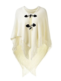 Ferand Womens Loose Fitting Poncho Cape Shawl with Stylish Horn Buttons, V Neckline and V Hem