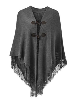 Ferand Womens Loose Fitting Poncho Cape Shawl with Stylish Horn Buttons, V Neckline and V Hem