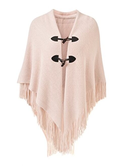 Ferand Womens Loose Fitting Poncho Cape Shawl with Stylish Horn Buttons, V Neckline and V Hem