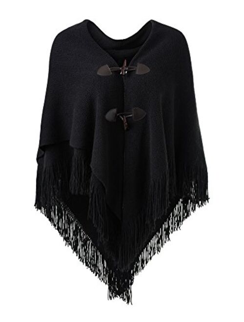 Ferand Womens Loose Fitting Poncho Cape Shawl with Stylish Horn Buttons, V Neckline and V Hem