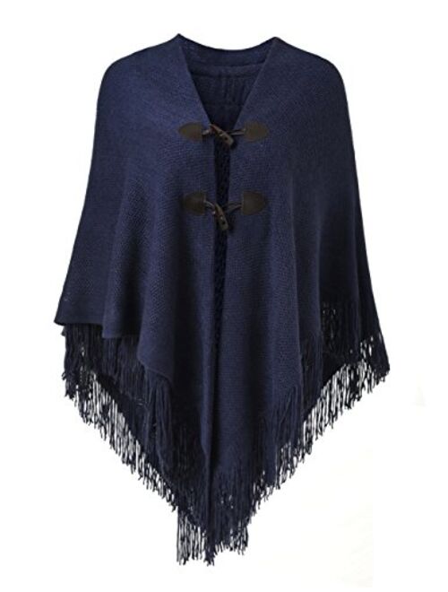 Ferand Womens Loose Fitting Poncho Cape Shawl with Stylish Horn Buttons, V Neckline and V Hem