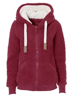 Women's New Hooded Sherpa Jacket Women Casual Winter Warm Soft Teddy Coat Zip Up Hooded Sweatshirt Jacket Coat