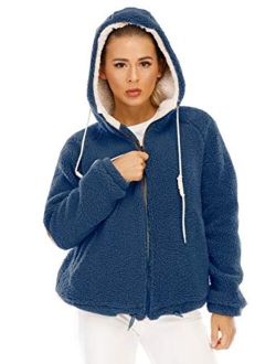 Women's New Hooded Sherpa Jacket Women Casual Winter Warm Soft Teddy Coat Zip Up Hooded Sweatshirt Jacket Coat