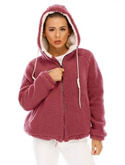 Women's New Hooded Sherpa Jacket Women Casual Winter Warm Soft Teddy Coat Zip Up Hooded Sweatshirt Jacket Coat