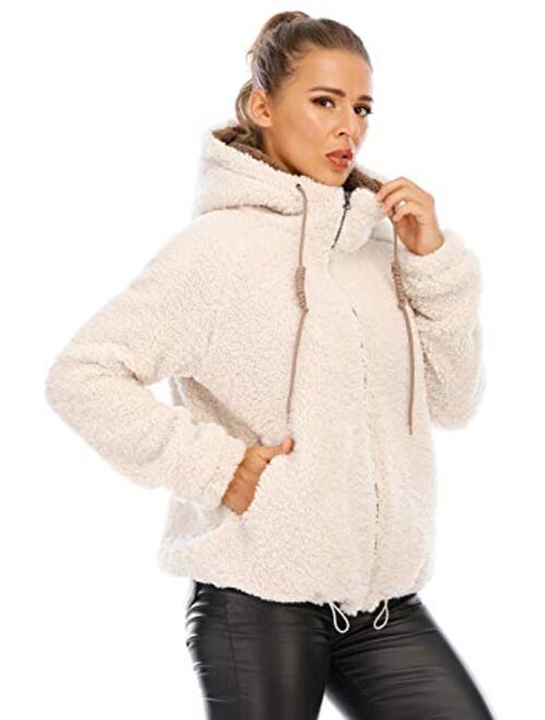 Women's New Hooded Sherpa Jacket Women Casual Winter Warm Soft Teddy Coat Zip Up Hooded Sweatshirt Jacket Coat