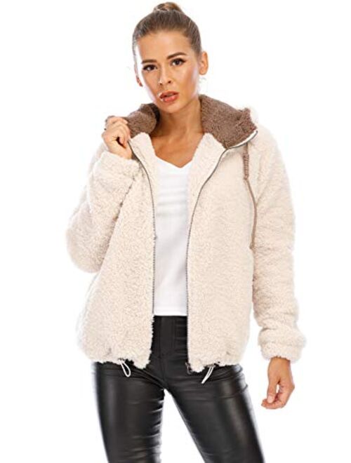 Women's New Hooded Sherpa Jacket Women Casual Winter Warm Soft Teddy Coat Zip Up Hooded Sweatshirt Jacket Coat