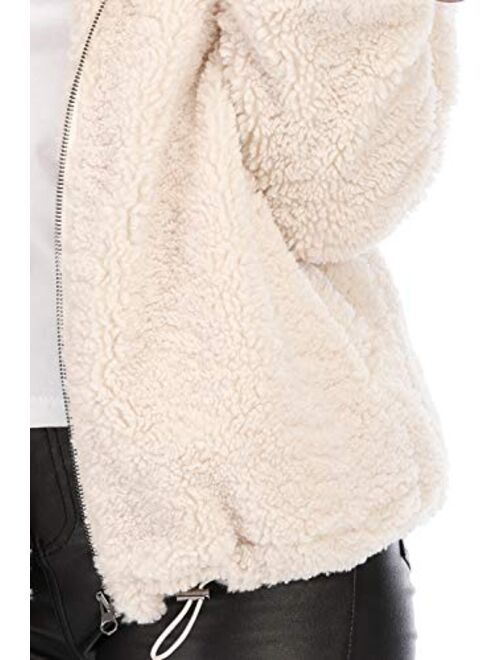 Women's New Hooded Sherpa Jacket Women Casual Winter Warm Soft Teddy Coat Zip Up Hooded Sweatshirt Jacket Coat