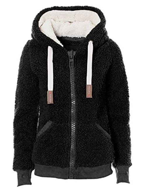 Women's New Hooded Sherpa Jacket Women Casual Winter Warm Soft Teddy Coat Zip Up Hooded Sweatshirt Jacket Coat