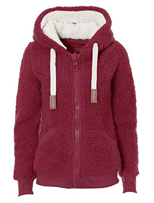 Women's New Hooded Sherpa Jacket Women Casual Winter Warm Soft Teddy Coat Zip Up Hooded Sweatshirt Jacket Coat