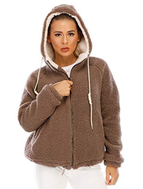 Women's New Hooded Sherpa Jacket Women Casual Winter Warm Soft Teddy Coat Zip Up Hooded Sweatshirt Jacket Coat