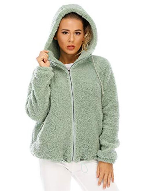 Women's New Hooded Sherpa Jacket Women Casual Winter Warm Soft Teddy Coat Zip Up Hooded Sweatshirt Jacket Coat