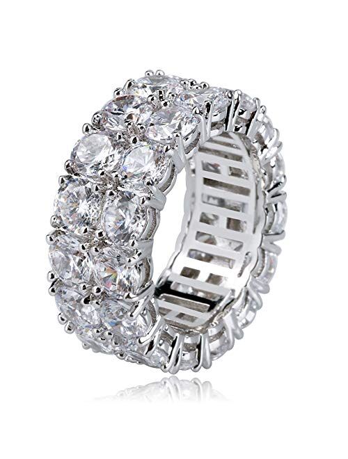 TOPGRILLZ 9mm 2Rows Round Cut 14K Silver Plated Iced Out Lab Diamond Wedding Band Eternity Bands Ring for Men Women