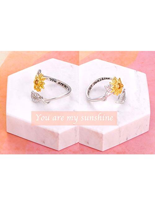 Sterling Silver You are My Sunshine Sunflower CZ Heart Ring Adjustable Size 5-9