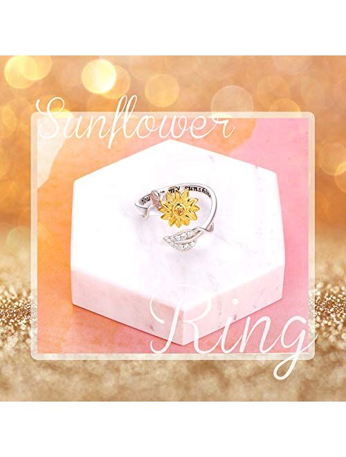 Sterling Silver You are My Sunshine Sunflower CZ Heart Ring Adjustable Size 5-9