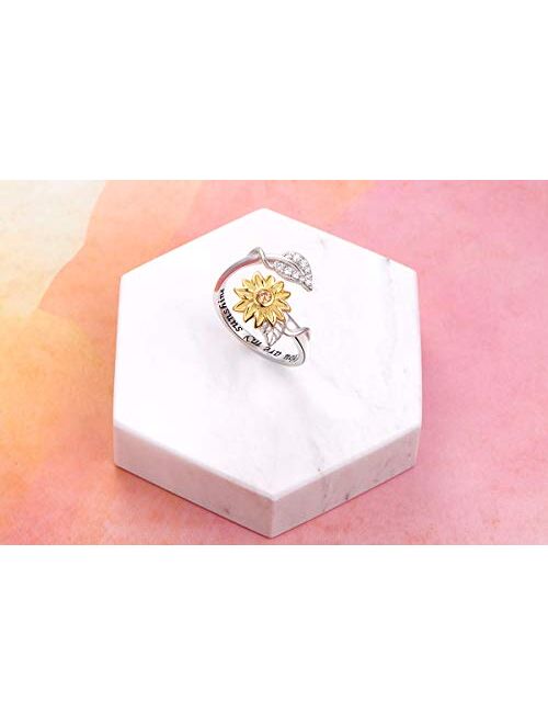 Sterling Silver You are My Sunshine Sunflower CZ Heart Ring Adjustable Size 5-9