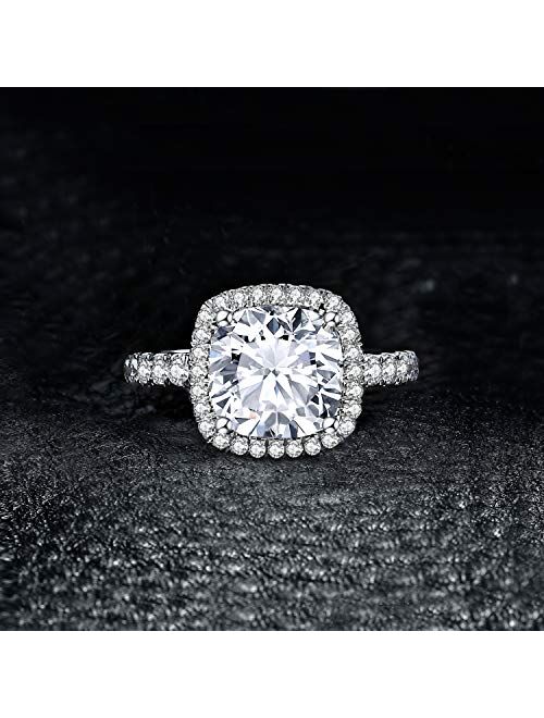 JewelryPalace Cushion 3ct CZ Engagement Rings For Women Cubic Zirconia Promise Halo Engagement Ring 925 Sterling Silver Solitaire Engagement Ring