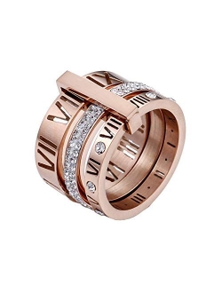 PAMTIER Women's Stainless Steel with Zirconia Roman Numerals 3 in 1 Ring