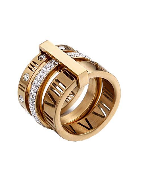 PAMTIER Women's Stainless Steel with Zirconia Roman Numerals 3 in 1 Ring