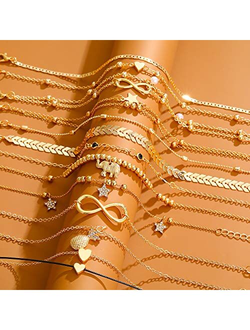 Starain 12 Pieces Cute Ankle Bracelets Women Girls Adjustable Heart Elephant Layered Anklets Set Gold Silver Beach Foot Jewelry