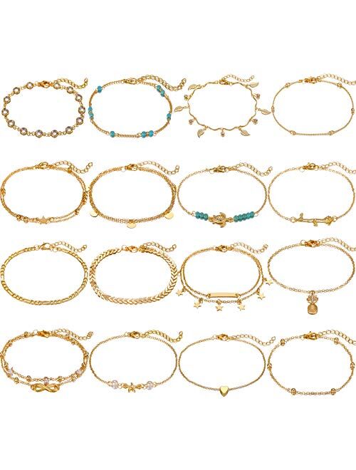 Starain 12 Pieces Cute Ankle Bracelets Women Girls Adjustable Heart Elephant Layered Anklets Set Gold Silver Beach Foot Jewelry