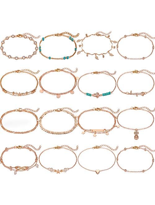 Starain 12 Pieces Cute Ankle Bracelets Women Girls Adjustable Heart Elephant Layered Anklets Set Gold Silver Beach Foot Jewelry