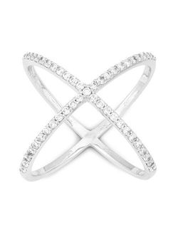 Sterling Silver Pave CZ"X" Criss Cross Long Ring