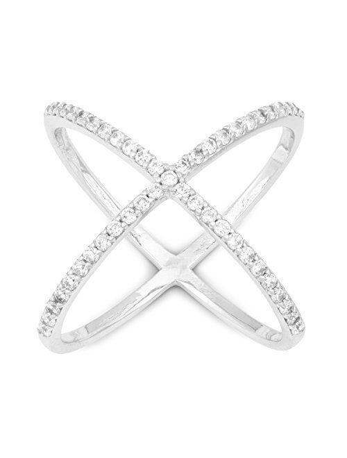 Sterling Silver Pave CZ"X" Criss Cross Long Ring