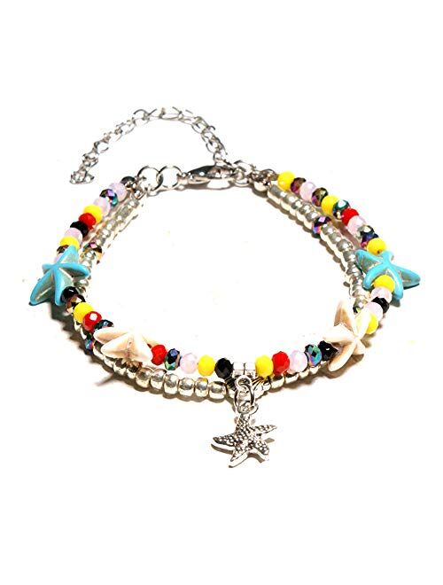 Softones Blue Starfish Turtle Anklet Multilayer Charm Beads Sea Handmade Boho Anklet Foot Jewelry for Women Girl