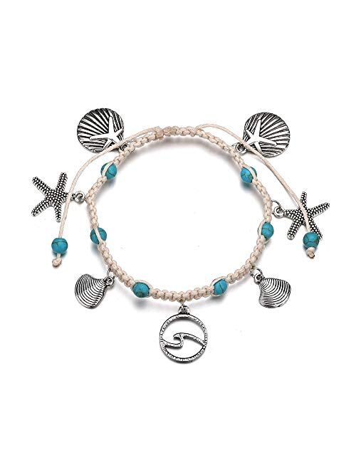 Softones Blue Starfish Turtle Anklet Multilayer Charm Beads Sea Handmade Boho Anklet Foot Jewelry for Women Girl