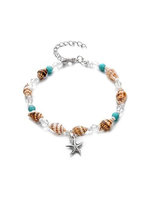 Softones Blue Starfish Turtle Anklet Multilayer Charm Beads Sea Handmade Boho Anklet Foot Jewelry for Women Girl