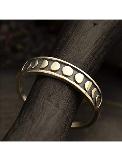 Angol Sterling Silver Moon Phase Ring, 925 Silver Vintage Moon Ring for Women Teens, Vintage Stacking Finger Ring Black Band Jewelry Size 6 7 8 9 10