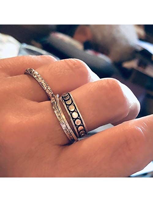 Angol Sterling Silver Moon Phase Ring, 925 Silver Vintage Moon Ring for Women Teens, Vintage Stacking Finger Ring Black Band Jewelry Size 6 7 8 9 10