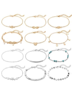 Softones 12Pcs Ankle Bracelets for Women Girls Gold Silver Two Style Chain Beach Anklet Bracelet Jewelry Anklet Set,Adjustable Size