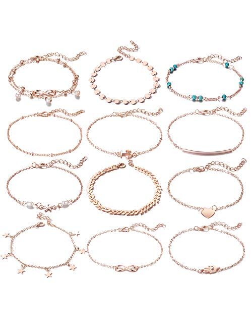 Softones 12Pcs Ankle Bracelets for Women Girls Gold Silver Two Style Chain Beach Anklet Bracelet Jewelry Anklet Set,Adjustable Size