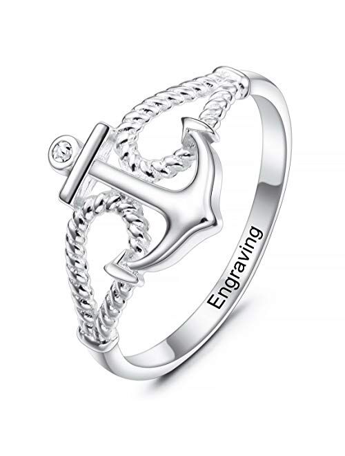 INBLUE Personalized Anchor BFF Friendship Rings Engraved Name Date Custom Rings for Women Girls Lover Sisters Sterling Silver Engagement Wedding Promise Jewelry for Mothe