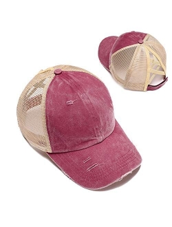 NeuFashionCrissCrossHatWashedDistressedGlitterMeshWomensBaseballCapDadHatPonytailHat for Women