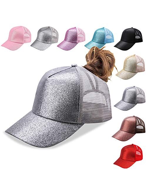 NeuFashionCrissCrossHatWashedDistressedGlitterMeshWomensBaseballCapDadHatPonytailHat for Women