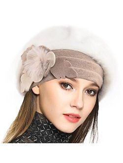 VECRY Lady French Beret 100% Wool Beret Floral Dress Beanie Winter Hat