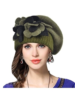 VECRY Lady French Beret 100% Wool Beret Floral Dress Beanie Winter Hat