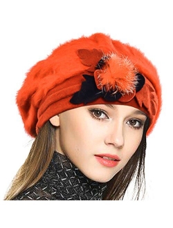 VECRY Lady French Beret 100% Wool Beret Floral Dress Beanie Winter Hat