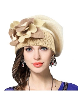 VECRY Lady French Beret 100% Wool Beret Floral Dress Beanie Winter Hat