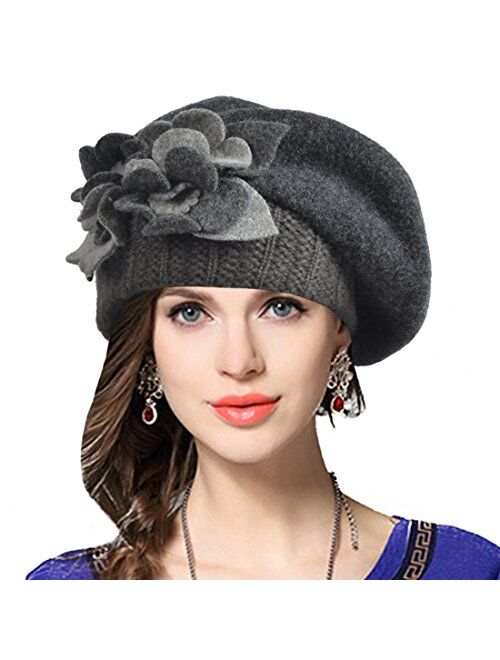 VECRY Lady French Beret 100% Wool Beret Floral Dress Beanie Winter Hat