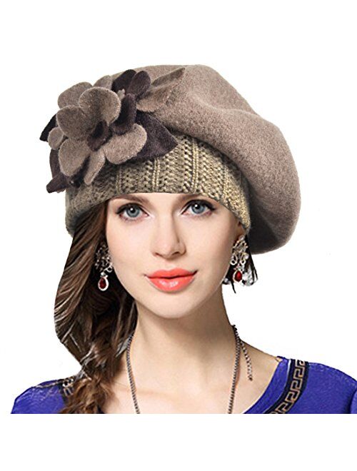 VECRY Lady French Beret 100% Wool Beret Floral Dress Beanie Winter Hat