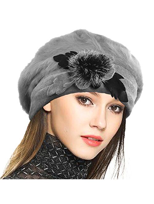 VECRY Lady French Beret 100% Wool Beret Floral Dress Beanie Winter Hat