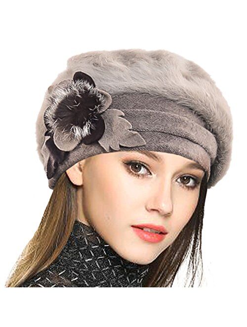 VECRY Lady French Beret 100% Wool Beret Floral Dress Beanie Winter Hat