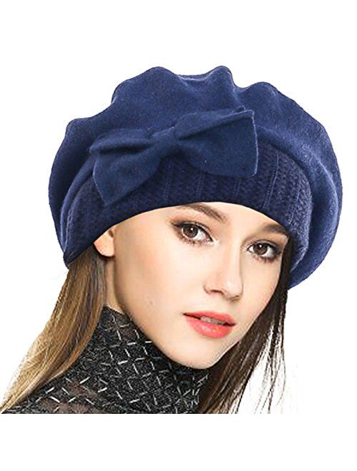 VECRY Lady French Beret 100% Wool Beret Floral Dress Beanie Winter Hat