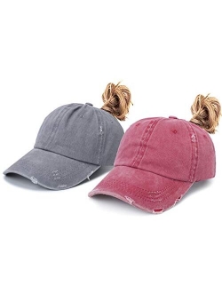 Leotruny Women Washed Cotton High Ponytail Baseball Cap